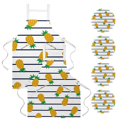 Tablier de cuisine avec 4 broches motifs ananas jaunes et rayures