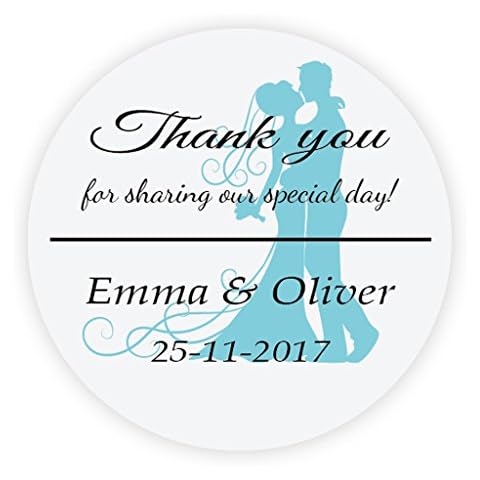 48x Personalised 40mm Round Blue Wedding Favour Stickers,Thank You for Sharing Sticker,Newlyweds Silhouette Invitation Envelopes Seals,Sweet Cone Favour Bag Labels,Wedding Craft - Rd 082 Cover