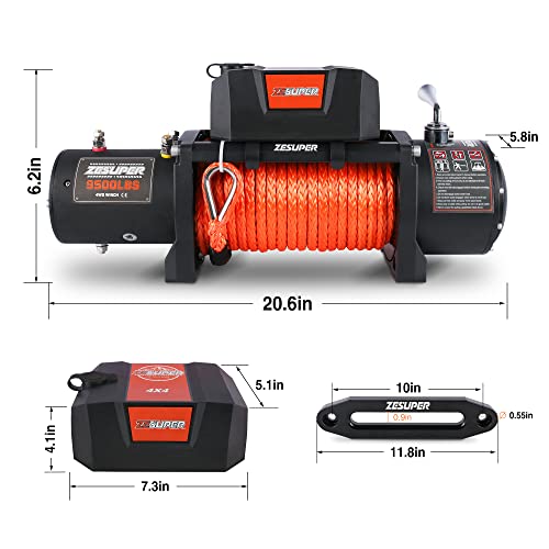 ZESUPER 9500 lbs Capacity Electric Winch Kit Waterproof IP67 Electric Winch Hawse Fairlead, with Both Wireless Handheld Remote and Corded Control Recovery Synthetic Rope