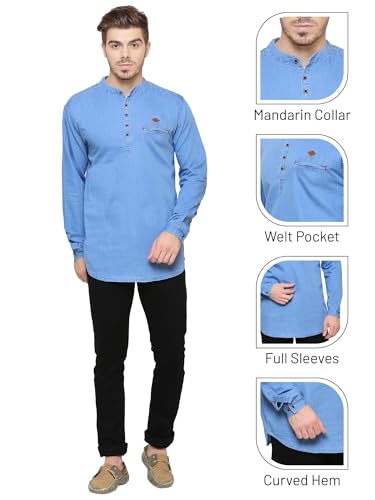 Image of Kuons Avenue Men's Denim Casual Short Kurta | Mandarin Collar | Full Sleeves | Tailored Fit- Stylish Ethnic Wear