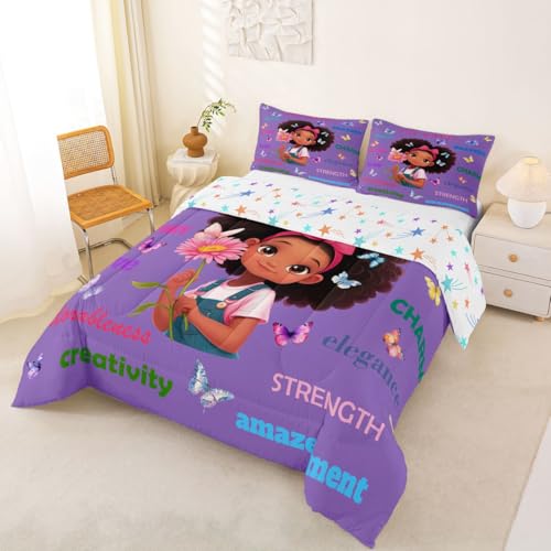 Image of Erosebridal Black Girls Magical Comforter Set Butterflies Inspirational Quotes Full Bedding Set African American Comforter Afro Pretty Girls Duvet Insert for Nursery Kids Princess Cute Room Decor