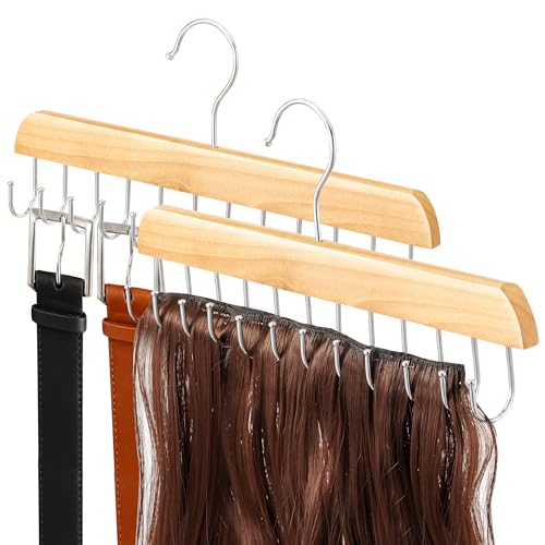 2 Pack Wood Hair Extension Holder for Hair Storing Washing Drying Coloring Styling Foldable Hair Extension Hanger Braiding Hair Rack Rotating Multi-Purpose Hooks Hanger
