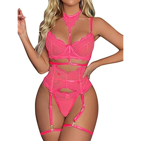 popiv Women's Lingerie Set Sexy 4 Piece Bra and Panties Set Lace Eyelash Underwear Set with Choker High Waisted Suspenders Set Neon Pink Cover