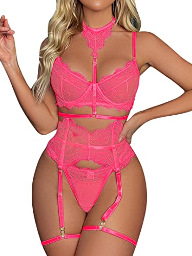 popiv Ensemble de lingerie sexy 4 pièces pour femme avec soutien-gorge et culotte en dentelle et cils avec tour de cou et bretelles taille haute, rose fluorescent, L Cover