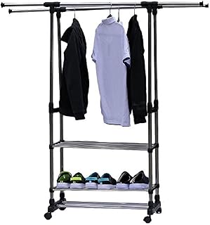 ADIBY Clothes Rail Heavy Duty Double Hanging Rails Wall Tidy Rail Adjustable Garment Coat Rack Modern Minimalist Design Organiser For Dresses Boxes , Shoes