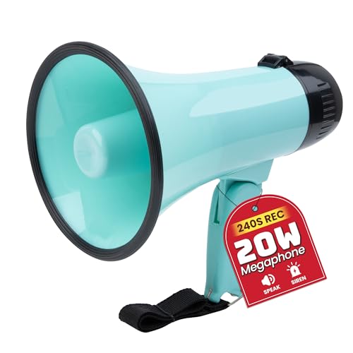 MyMealivos 20W Megaphone Bullhorn Built in Siren & 240s Recording 5.48.6 Portable Megaphone with Volume Control Cover Up to 300 feet+ for Indoor and Outdoor Activities(Teal)