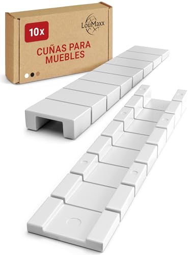 Cuñas para Muebles LouMaxx, Juego de 10, Cuñas de Plástico 8 x 20 x 100 mm En Blanco, Topes de Goma con Puntos de Separación Integrados, Cuñas Niveladoras