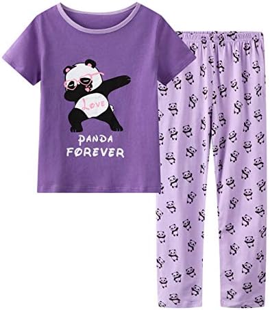 Unicabbit21 Pajamas for Girls Cute Unicorn Pants and Short Sleeve Tee Big Kids Cotton Sleepwear Set Size 6-16 (16, Purple)