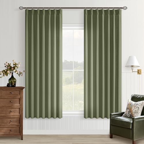 Image of Olive Green Pinch Pleated Linen Semi Sheer Curtains 63 Inch Long
