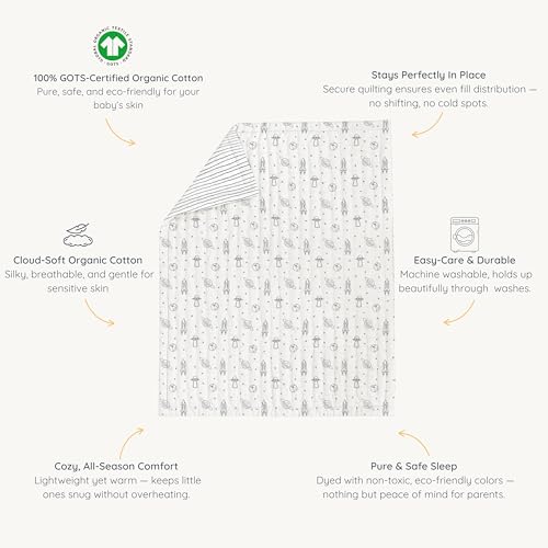 Image of MakeMake Organics Organic Full Comforter GOTS Certified Organic Kids Blanket Cotton Infill Tufted - Reversible Ultra Soft Breathable Boys Girls (90 inchx88 inch, Astro + Navy Stripes)