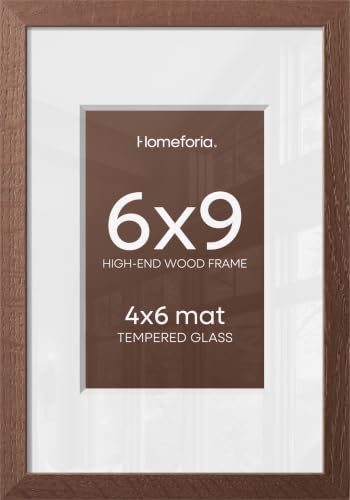Image of Homeforia 6x9 Brown Oak Picture Frame, High-End Wood, 4x6 Mat, Glass | High End Solid Oak Wood, Tempered Glass, Acid-Free 4x6 Removable Mat, 6x9 Edge-to-Edge Display 9x6, Wall Kit, Set Of 1