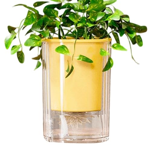 Maceta autorrestante, contenedor de plantas de doble capa, 3,94 x 2,76 pulgadas con depósito de humedad, macetas de cultivo de resina, maceta moderna para interior con diseño limpio, jardinería en el