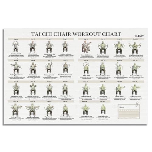 Tai Chi Chair Workout Chart Poster 30 Day Tai Chi Chair Challenge Seated Exercises for Beginners and Seniors Canvas Wall Art Adult Home Fitness Guide Wall Decor for Gym 12x16in Unframed