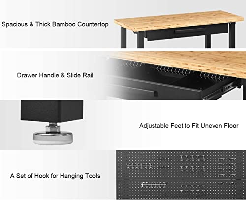 Goplus Work Bench With Removable Pegboard, 48” Bamboo Workbench For Garage W/Drawers, Adjustable Anti-Slip Pad, Hanging Hooks, Heavy-Duty Work Table Tool Storage Bench For Warehouse Home Workshop #TOP4