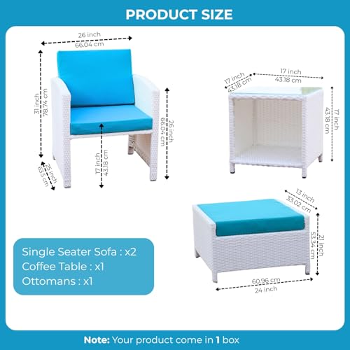 Image of DEVOKO Valencia Outdoor 5 Piece All Weather Rattan Wicker Patio Sofa Set with Water Resistant Cushioned Chairs with Glass Top Table & Ottomans for Garden, Pool, Porch, Backyard (White & Sky-Blue)