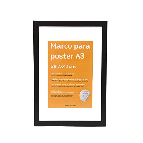 Nacnic Marco Negro tamaño A3 (29.7x42cm) con paspartú. Marco Negro para Fotos, Posters, Diplomas, …
