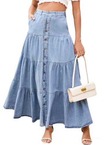 loveimgs Women Western Elastic High Waisted A Line Long Denim Skirt Button Ruffle Tiered Jean Maxi Skirt Patchwork Pocket Y2k