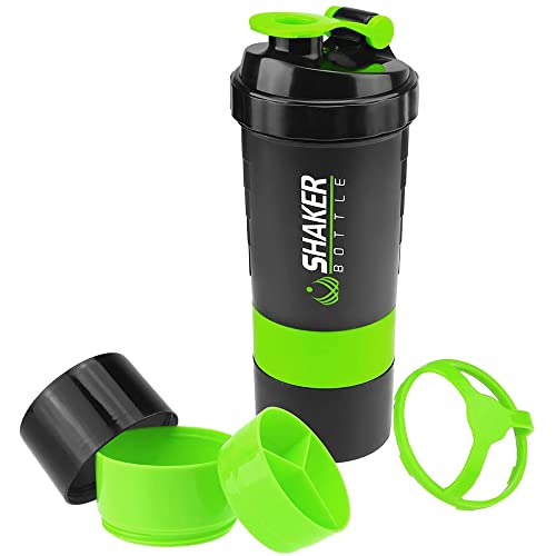 VIGIND Protein Shaker Bottle - Sports Water Bottle - Non Slip 3 Layer Twist Off 3oz Cups with Pill Tray - Leak Proof Shake Bottle Mixer- Protein Powder 16 oz Shake Cup with Storage