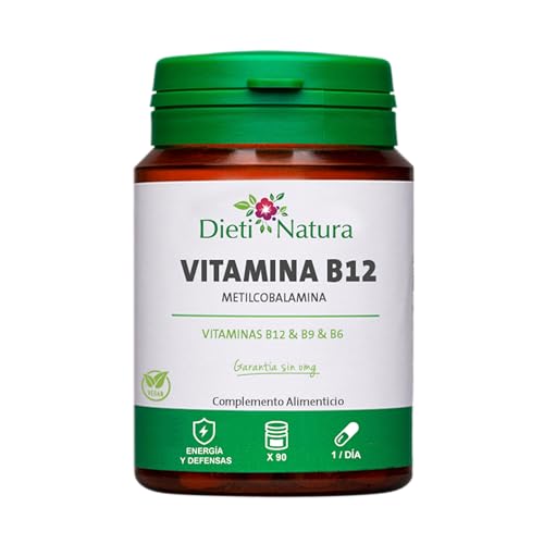 Dieti Natura Vitamina B12 Vegana 1000 µg - Alta Potencia con Quatrefolic Vitaminas B9 y B6 para Reducir la Fatiga - B12 Vitamina para el Metabolismo Energético y la Salud Nerviosa y Cerebral