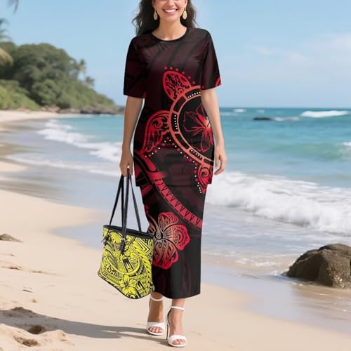 Image of Puletasi Samoan Traditional 2 Piece Outfits for Women Short Sleeve Crop Top and Maxi Skirt Sets Puletasi Dress