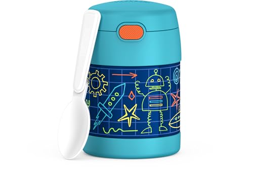 Image of THERMOS FUNTAINER Kids Food Jar with Spoon, 10oz, Robot Doodles | Kid-Friendly Stainless Steel Insulated Food Container, Keeps Food Hot or Cold Longer for School & Play, BPA Free