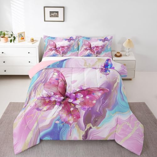 Image of Erosebridal Floral Marble Butterfly Queen Comforter Set for Kids Teens Adults,Pink Blue Tie Dye Bedding Set,Elegant Marble Texture Duvet Insert,Modern Aesthetic Bed Set for All Season