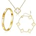 18K Vergoldet Vierbl&auml;ttriges Kleeblatt Armband, 18K Vergoldet Vierbl&auml;ttriges Kleeblatt Anh&auml;nger Halskette, Gold Armband Cubic Zirkonia Armreif, 3 PCS Schmuck Set f&uuml;r Geschenke Geburtstags (Gold)
