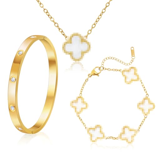18K Vergoldet Vierblättriges Kleeblatt Armband, 18K Vergoldet Vierblättriges Kleeblatt Anhänger Halskette, Gold Armband Cubic Zirkonia Armreif, 3 PCS Schmuck Set für Geschenke Geburtstags (Gold)