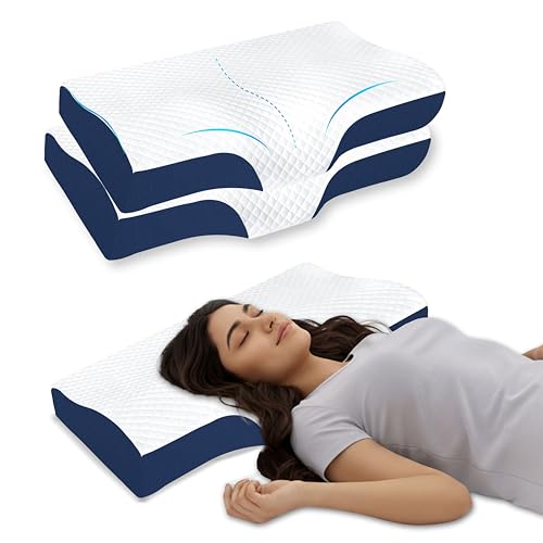 Image of Ergonomic Cervical Support Pillow Set of 2, Rebound Memory Foam Contour for Neck, 48x30x9 cm, Breathable Skin Friendly Mesh Fabric, Orthopedic Bedding for Side Sleepers,Blue