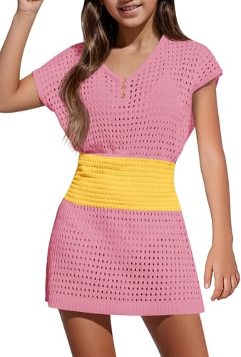 Image of Haloumoning Girls Crochet Swim Beach Cover Up Kids Fashion Button Short Sleeve Swimsuits Cover Ups 5-14 Years