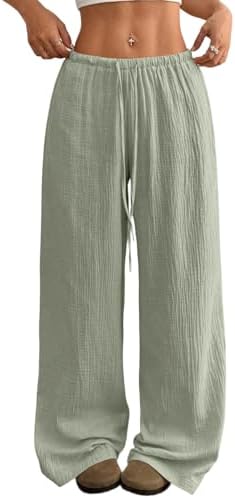 Acelitt Women’s Wide Leg Palazzo Pants Drawstring Elastic Waist Casual Loose Lounge Pants Beach Trousers Vacation Outfits for Women Green Large
