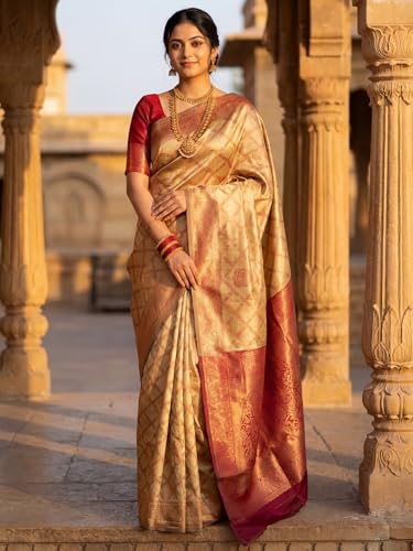Image of AKHILAM Women's Kanjivaram Woven Soft Silk Saree With Blouse Piece