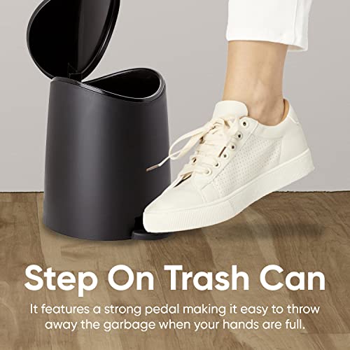 Image of Small Plastic Bathroom Trash Can with Lid 3 Liter Modern Curved Step On Trash Can with Foot Pedal, Mini Kitchen Waste Bin, Durable and Soft Close for Bedroom, Office, Under Desk (Black-1 Pack)