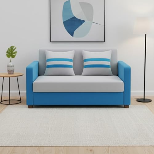 Image of FURNY Lifestylio 2 Seater Fabric Sofa Set (Light Grey-Aqua Blue) Premium Velvet Finish | Ideal for Living Rooms, Offices