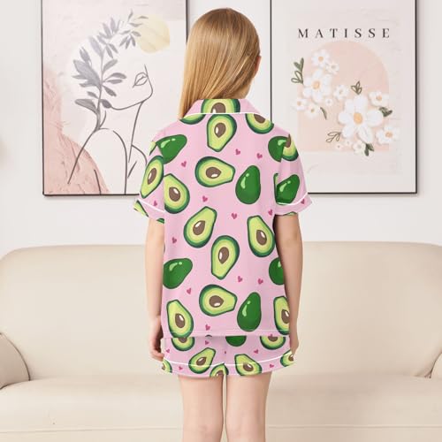 Cute Avocado Pink Hearts Summer Satin Pajama Set, Cute Button-Down Sleepwear Pj Set for Sleep Wears4