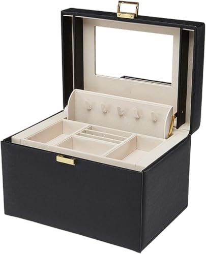 Image of KRISHYAM Jewelry Box, 4 Layer Leather Jewelry Boxes, Jewelry Organizer with Mirror and Lock for Girls Women Bracelets Rings Necklaces Earrings (Black)