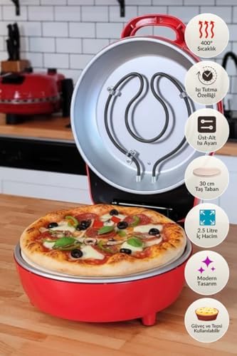 Dr.Maya® Taş Fırın Lahmacun Makinesi, Çıkarılabilir 30 cm Doğal Taş Pişirme Yüzeyi, Siyah, 400°C Termostat, Alt-Üst Isıtma, 1200W (Kırmızı) - Görsel 3