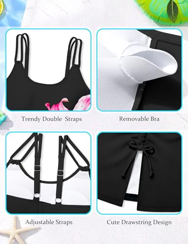Image of Girls Swimsuit Tropical 3 Piece Tankini Adjustable Strap Bathing Suit Solid Modest Swimwear with Drastring Skirt 9-16y