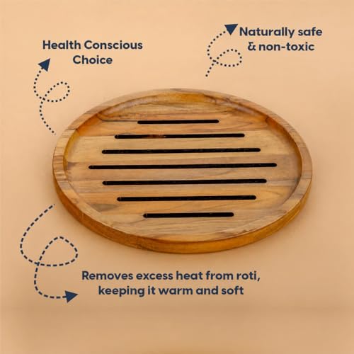 Image of ZENOVIA Roti Cooling & Serving Wooden Plate 10 Inch | Premium Teak Wood, Anti-Slip Pads, Anti-Moisture & Termite-Free, Chapati Serving Stand