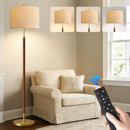 Image of Wood Floor Lamps for Living Room Farmhouse Floor Lamp with Remote Control,Dimmable Vintage Floor Lamp Mid Century Modern Standing Lamp with 3 Color Temperature Tall Floor Lamps For Bedroom Corner