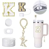 Mity Rain 6pc Cup Accessories Set for Stanley Cup 30 oz & 40 oz Tumbler with Handle, Including Straw Cover, Cap, Initials Charm, Silicone Boot, Spill Proof Stopper - Round & Square, Letter K