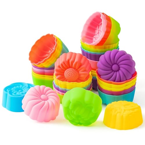 R HORSE 42Pcs Silicone Molds Cupcake 2 Inch Mini Size Reusable Muffins Liners Washable Non-Stick Donut Wrapper Mold Flower Shapes Baking Cups for Pan Oven Microwave Dishwasher