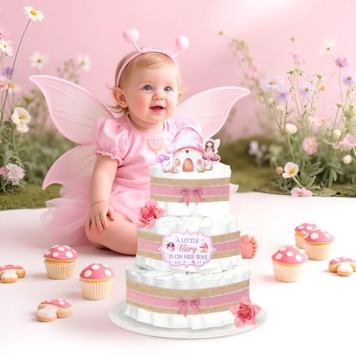 CORNER LACE Fairy Themed Baby Shower Diaper Cake Decorations Pink, Birthday Party Diaper Cake Supplies, Include Ribbon, Bow Tie, Decor Cards, Artificial Flowers(Diapers Not Included) by CORNER LACE - Used condition - Image 2
