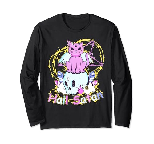 Divertido gato demonio gótico pastel granizo satán espeluznante lindo Manga Larga