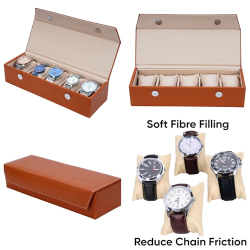 Image of Hard Craft Watch Organizer Holder Jewelry Accessories Display Storage Case Watch Organiser Collection Box 5 Slots In PU Leather For Men Women Rust Color