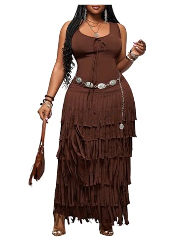 BEAUDRM Women's Plus Size Fringe Western Dresses Boho Cowgirl Tassel Maxi Dress Bodycon Cowboy Sundresses for Country Concert Brown 3X-Large Plus