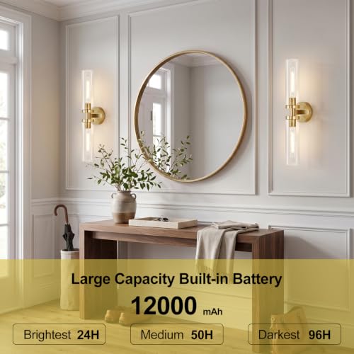 Image of Battery Operated Wall Sconces Set of Two, Brushed Gold Wall Light fixtures with Wireless Remote Control,Rechargeable Dimmable Wall Sconces with 3000K Bulbs for Bathroom Mirror Living Room Bedroom