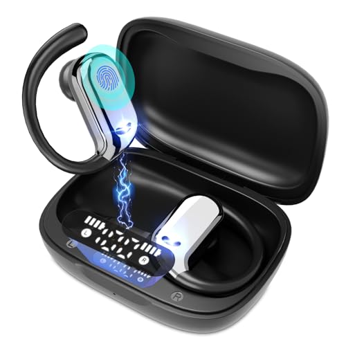 ELECGO Sport Wireless Earbuds with Earhooks, Bluetooth 5.4 Headphones with ENC and AI Noise Cancellation, Hi-Fi Audio 60H Dual LED Display, IP7 Waterproof for Sports, Compatible All Cell Phone/PC