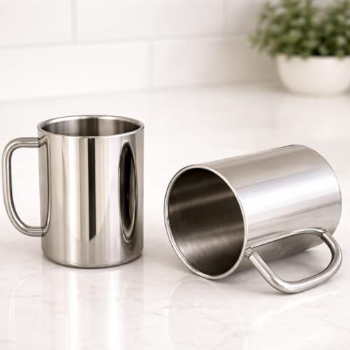 Image of Stainless Steel Coffee Mug Set of 2 | Tea Cups & Coffee Mugs 200 ml | Double wall Hot and Cold Drinks Mugs with Handle | Unbreakable Rust Proof Steel