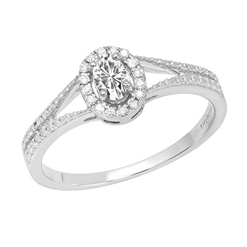 Dazzlingrock Collection 5X3 MM Oval Lab Created White Sapphire & Round Natural Diamond Ladies Halo Split Shank Engagement Ring, Sterling Silver, Size 7